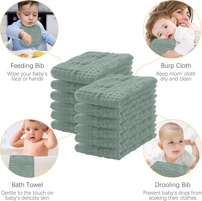 Lovely Care 12 Pack Muslin Burp Cloths 100% Cotton Muslin Cloths Large 20''x10'' Extra Soft and Absorbent Baby Burping Cloth - Green