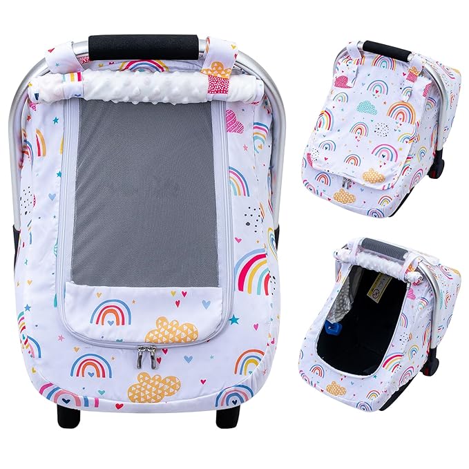 Carseat Covers Baby Girl, Baby Car Seat Cover with Mesh Peep Window & Privasy Sun Shade, Protective Baby Carrier Cover for All Season, Mink Dot Infant Car Seat Canopy for Newborn Shower Gift
