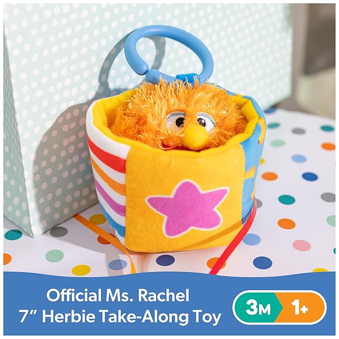 Ms. Rachel Official Herbie Sensory Take-Along Toy, Baby Swing & Baby Stroller Teething Toys w/Rattle & Clip, Toddler Toys for Girls & Boys Ages 3 Months to 1+