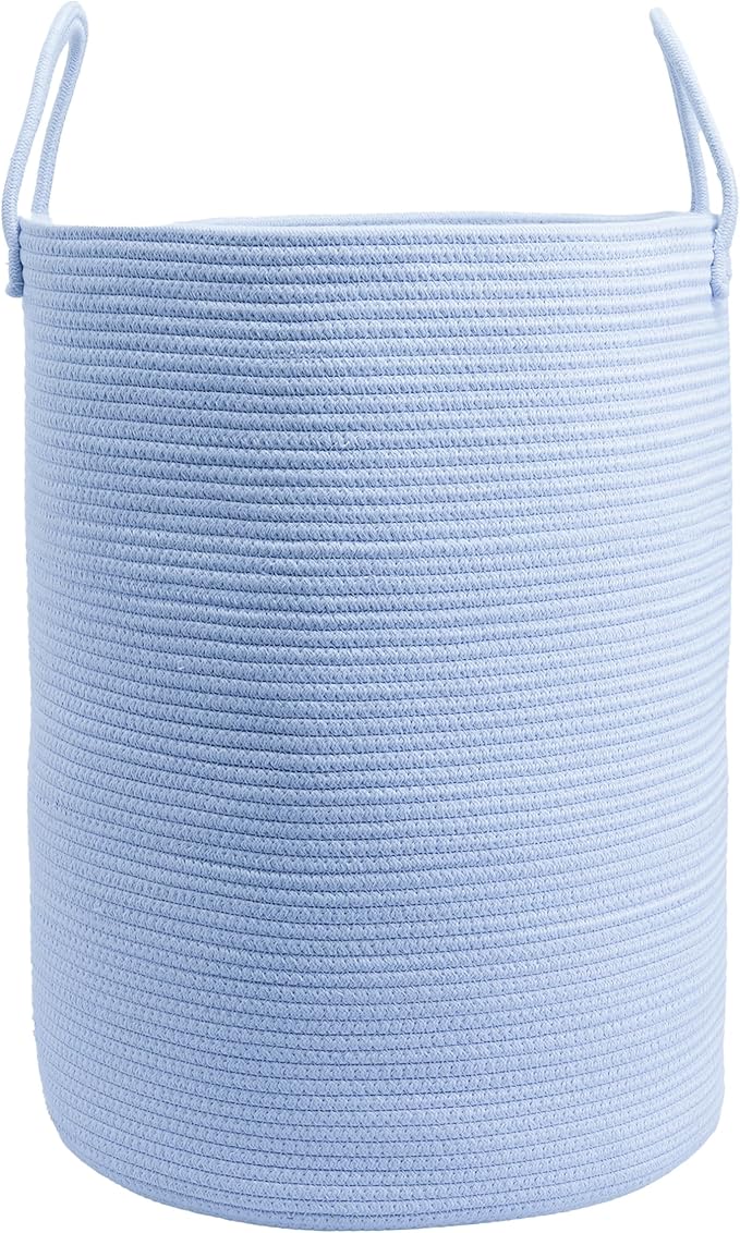 Cotton Rope Laundry Basket Hamper for Clothes Woven Storage Basket for Living Room Bedroom Boho Tall Rope Baskets for Blanket Toys Pillow Towels Baby Nursery Hamper Bin light blue Large