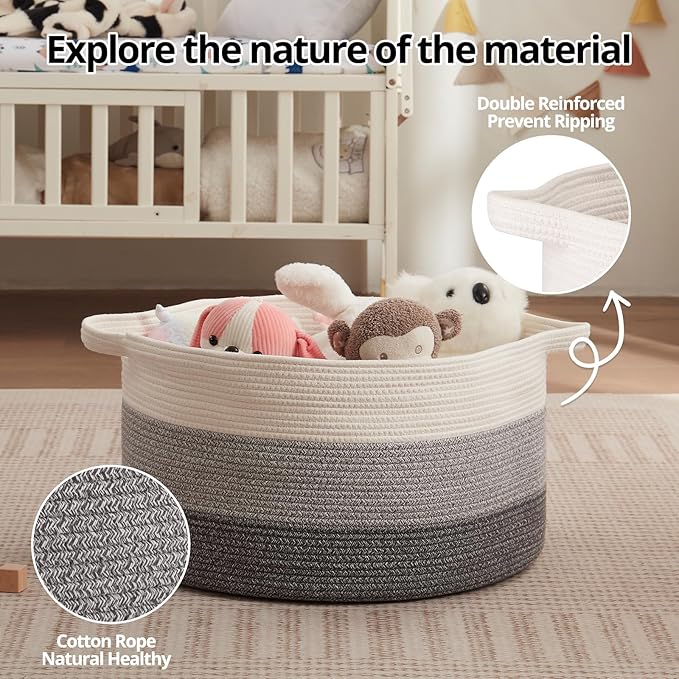 OIAHOMY 105L Blanket Basket for Living Room, Large Basket 23.6" x 23.6" x 14.6" with Handle, Laundry Hamper for Blankets, Pillows, Toy Storage for Kids, Dogs - Gradient Grey