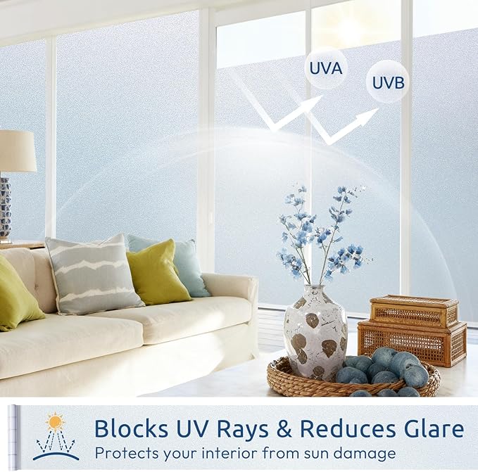 rabbitgoo Frosted Glass Window Privacy Film, No Glue, Anti-Glare Heat Blocking, Easy to Install, Renter Friendly Removable Opaque Bathroom Window Clings for Glass, 17.5 by 78.7 inch