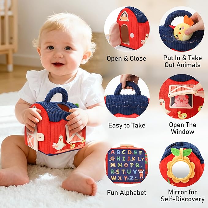 Baby Toys 6-12 Months, Montessori Sensory Barn Toys for Babies 3-6 7 8 9 10 12 18 Months, Stuffed Farm Animal Toys for Toddlers 1-3, Infant Toys Christmas Gifts for 1 2 Year Old Boys Girls