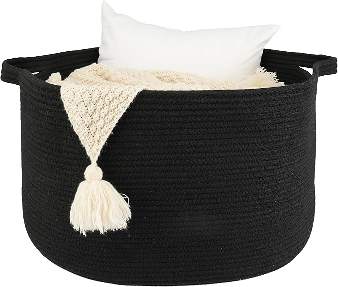 XUANGUO Large Cotton Rope Basket Blankets Basket Living Room 22"x14" Toy Baskets for Kids and Dogs Rope Storage Baskets for Nursery Woven Laundry Baskets for Clothes Towels round black