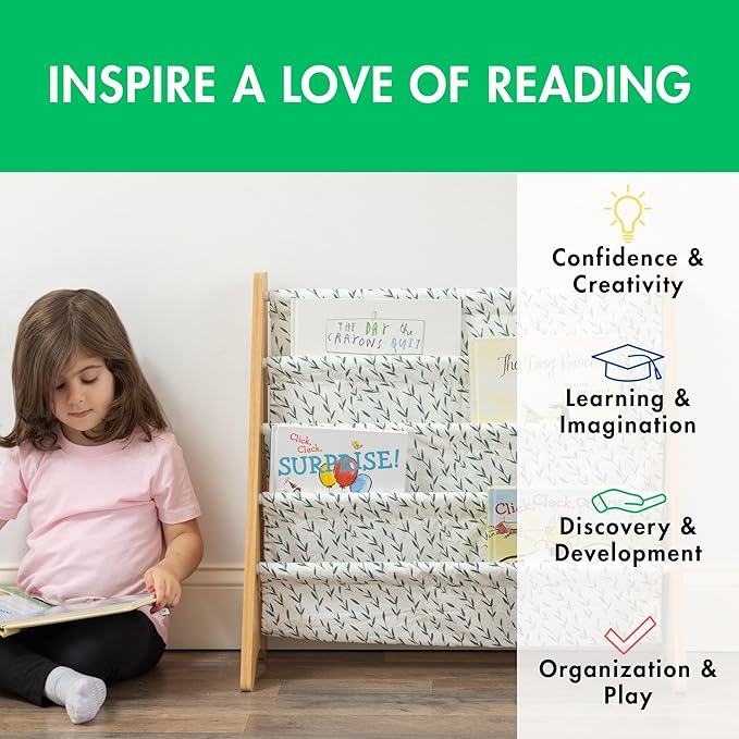 Humble Crew Kids Bookshelf, 4-Tier Front-Facing Book Display Organizer, Montessori Toddler Bookcase for Playroom, Bedroom & Reading Corner, Natural/White/Green