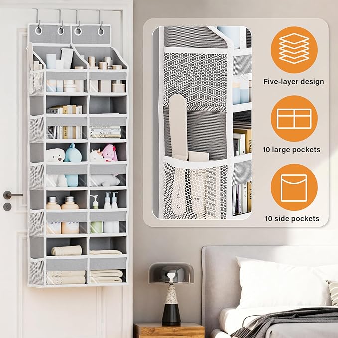 Abiglifty 5-Tier Over The Door Organizer with 10 Side Pockets, Large Behind The Door Storage, 4 Hooks Design, Door Organizer with Clear Windows for Bathroom, Bedroom, Nursery, Entryway(Grey)