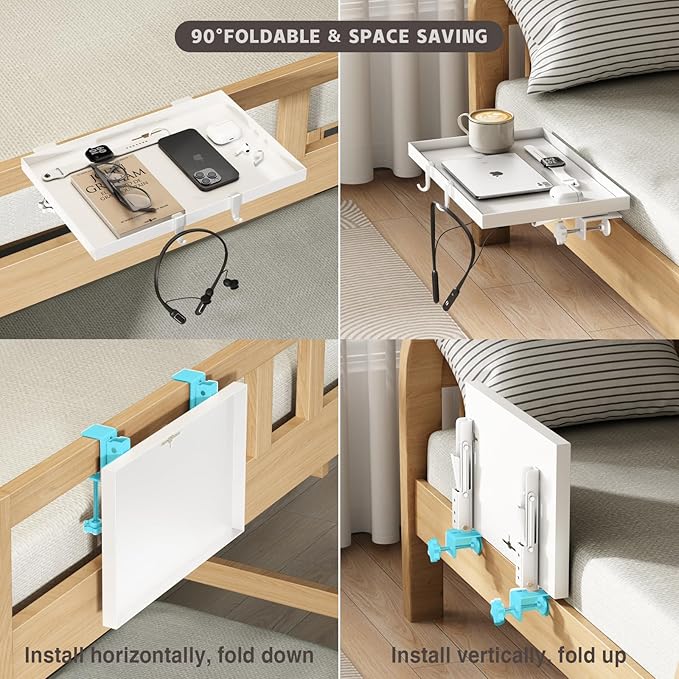 Magheo Bedside Shelf Foldable, Metal Clip-On Bunk Bed Table Shelf for Top Bunk Heavy Duty Bed Side Table Tray for College Dorm Room Essentials, Loft Nightstand Organizer Tray with 1 Cord Hole(White)