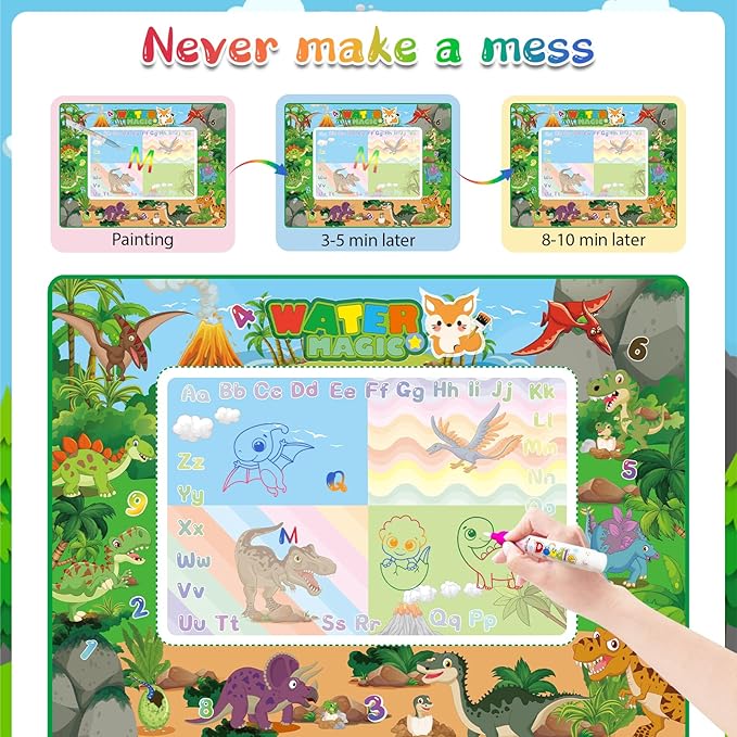 60×40 Inches Water Doodle Mat Kids Mess Free Coloring for Toddlers 3 4 5 6 7 8 9 Years, Large Doodle Mat with 4 Magical Water Pens 0-9 Number Educational Toys Boys Girls Christmas Birthday Present