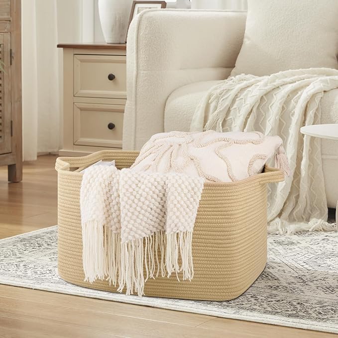 OIASKET Large Blanket Basket, Jute Blanket Storage Living Room, Rectangle Woven Baskets for Storage Toys, Towels, Dirty Clothes Organizer Bins (Jute)