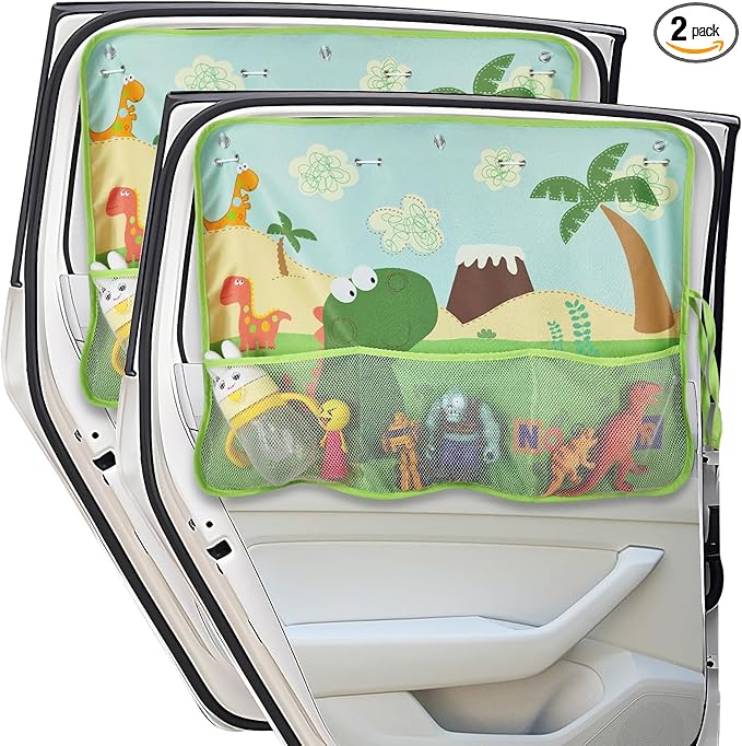 Car Window Shade for Baby, 2 Pack Car Sun Shades with Storage Pockets Car Window Curtain 7 Suction Cups Dinosaurs Pattern for Sun/Heat/UV Rays Protection