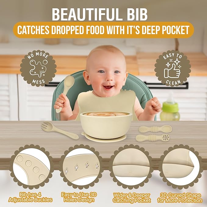 6 Piece Baby Bowls With Suction and Lids | Toddler Bowl Set with 1 Bowl, 1 Bib, 2 Baby Spoons, 1 Large Spoon, 1 Large Fork, Baby Feeding Essentials (1, Mint)