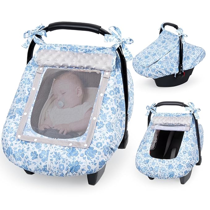 FIOBEE Baby Car Seat Cover, Car Seat Covers for Babies Infant Car Seat Canopy with Breathable Mesh Window Waterproof Carseat Cover for Babies Boy Girl 4 Seasons, Ice Blue Floral