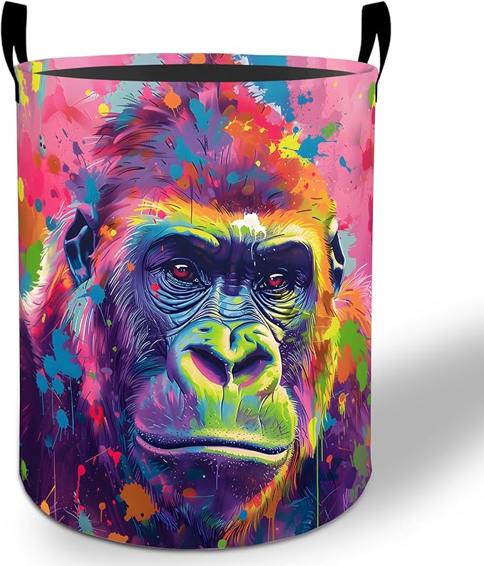 Gorilla Laundry Basket Hamper 19.7"x15.8", Colorful Foldable Waterproof Oxford Clothes Storage Bucket for Room Bathroom Bedroom Nursery Decor, Toy Organizer Bins Gifts for Kids Boys Girls