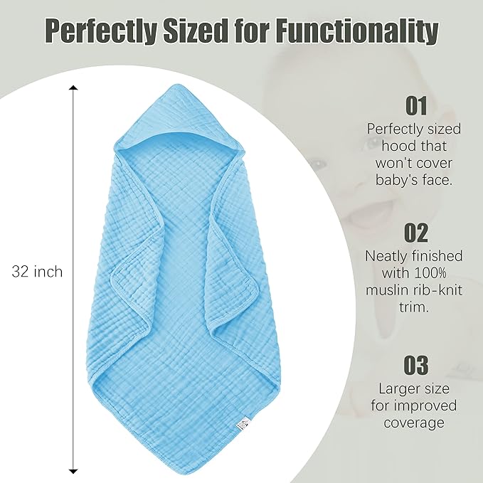 Spotted Play 2 Pack Hooded Baby Towels - 100% Muslin Cotton for Newborns, Infants, Toddlers, and Kids - Large 32x32Inch Size - Highly Absorbent and Essential for Newborn Care, White and Aqua