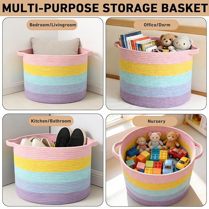 90L Large Blanket Basket,21.7"L x 21.7"W x 13.8"H Rope Woven Baskets with Handles, Toys Storage Bins,Laundry Basket Perfect for Living Room, Nursery,Bedroom,Home Organization,Colorful