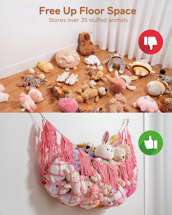 Boho Macrame Stuffed Animal Hammock with LED Lights – Large Wall Hanging Plushie Net, Corner Toy Organizer for Kids Bedroom, Nursery, Playroom & Dorm (Pink XXL)