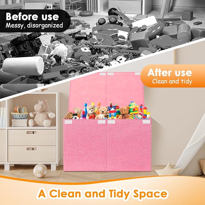 Fineonly Large Toy Storage Box with Lid Upgraded Toy Chest Organizer with Removable PP Divider Foldable Toy Bin for Kids Boys Girls Linen Fabric Toy Box for Playroom Nursery Bedroom (25"x13"x16")