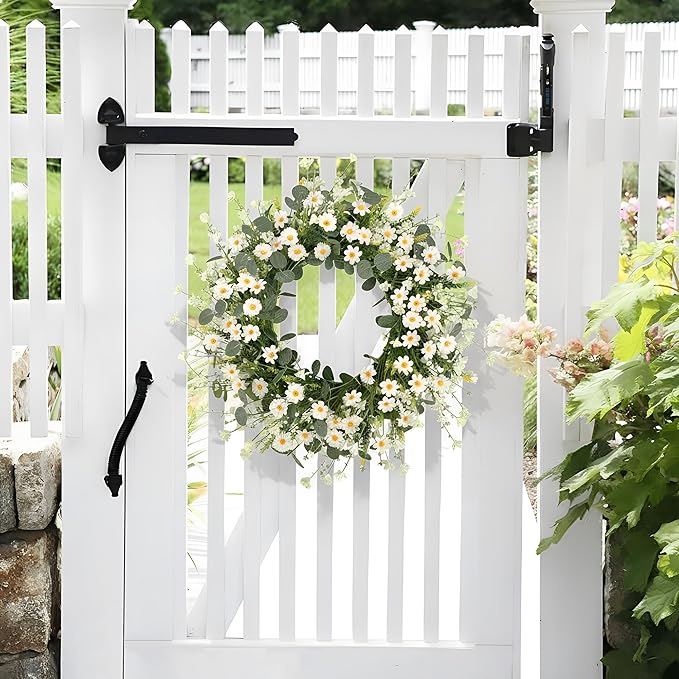 Pinkpum 22 Inch Artificial Daisy Flower Wreath with Eucalyptus Leave Silk Flower White Berries Spring Summer Wreath for Front Door Wall Decor