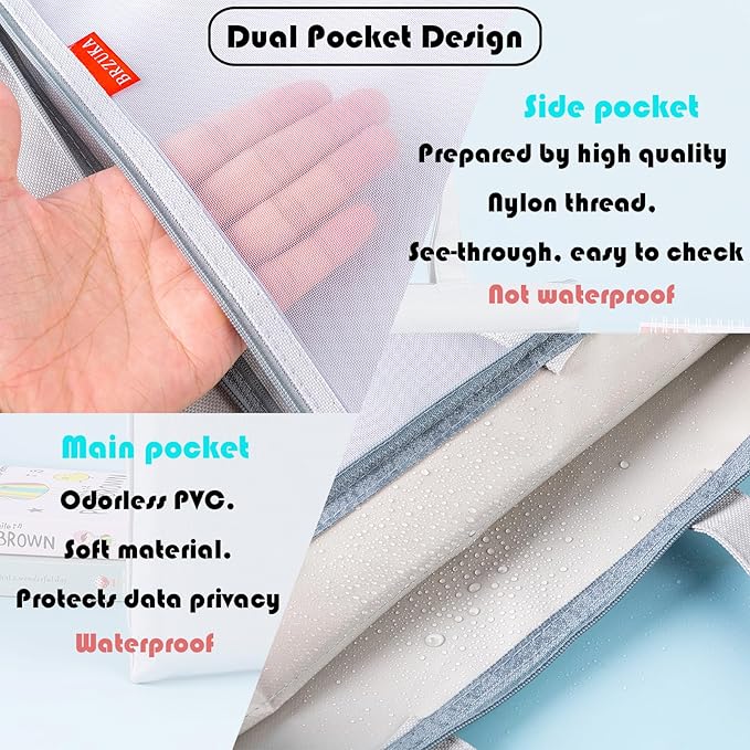 Mesh Zipper Pouch 11x13.7 in, A4 Double Pocket Waterproof File Bag with Handle, Document Storage for School/Travel/Office/Puzzle (Gray, 2pcs)