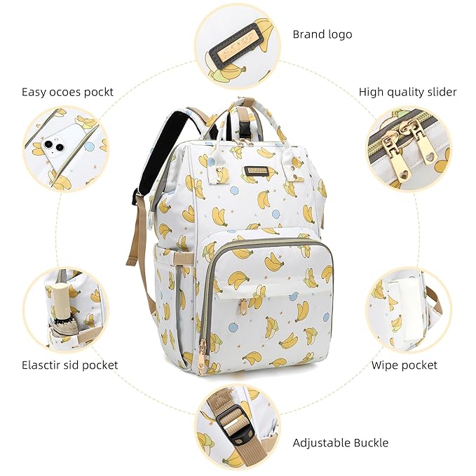 GAIVP Diaper Bag Backpack, Diaper Bags for Baby Girls Boys, Baby Bags for Moms Dads, Nappy Changing Bag with Insulated Pockets,Multi-functional Waterproof Backpack with Stroller straps -Beige Banana