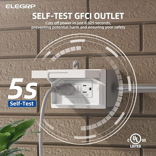 ELEGRP Outdoor GFCI Outlet Kit, with Weatherproof Cover and Box, 1 Gang, 15 Amp TRWR Self-Test GFI Receptacle, Horizontal Outdoor Cover, Extra Duty Metallic Electrical Outlet Box, UL Listed, 1 Pack