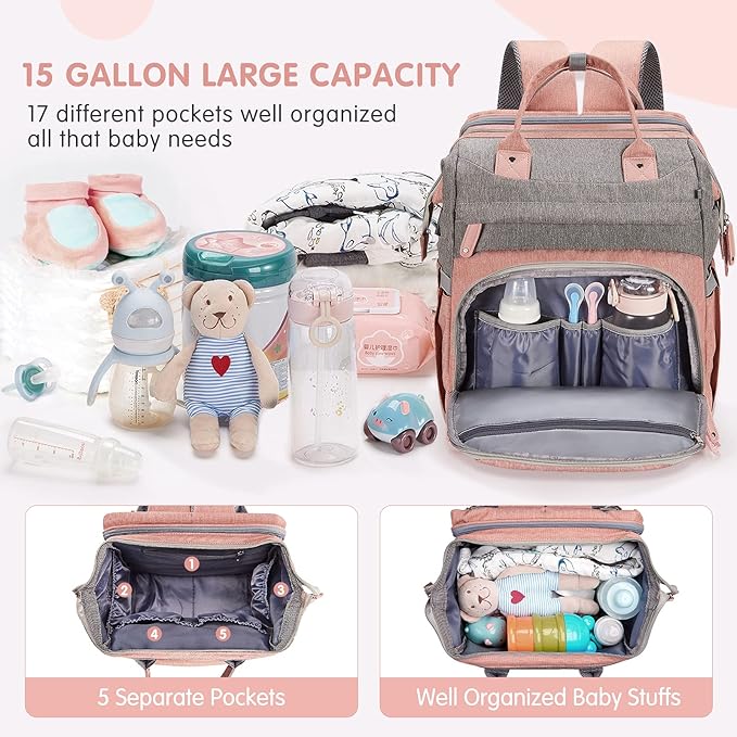 DERJUNSTAR Diaper Bag Backpack – Large Capacity Baby Diaper Bag with Changing Pad for Dad and Mom, Waterproof Travel Backpack, Multi-Function Bag with USB Charging Port, Rose Pink