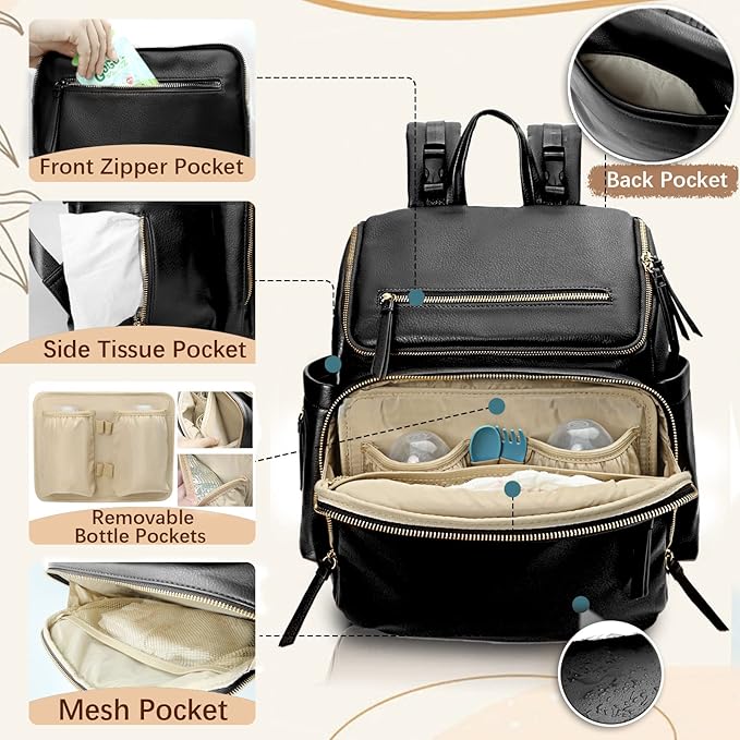 Omanmoli Diaper Bag Backpack Baby Diaper Bag Leather with 17 Diaper Bag Organizing Pouches,Changing Pad,Stroller Straps,4 Insulated Pockets,Black