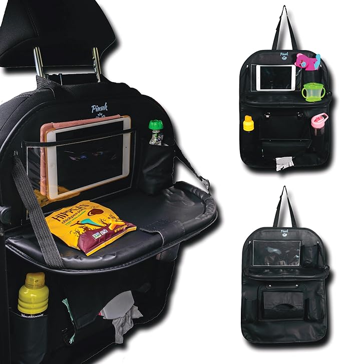 PINUK Car Backseat Organizer with Built-in Foldable Tray | Double Layered Leather, Waterproof Car Seat Organizer with - Pockets | Easy Installation, Perfect for Family Trips and Daily Use