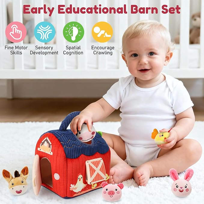 Baby Toys 6-12 Months - Soft Plush Surprise Barn Stuffed Farm Animals, Rattle, Crinkle, Mirror, Montessori Toys for Babies Sensory Toys for Toddlers 1-3, Baby Stocking Stuffers