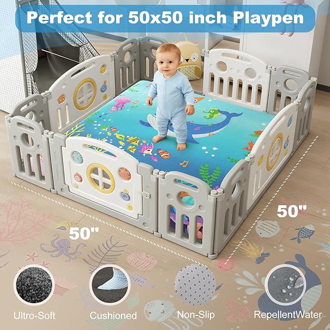 1.3" Thick Baby Play Mat for Floor, Elasti-Foam 50x50 Playpen Mat, Water Repellent Ultra Soft Coral Velvet Tummy Time Crawling Mats for Kid Toddlers Infants, Non-Slip Backing Safe for Crawling Ocean
