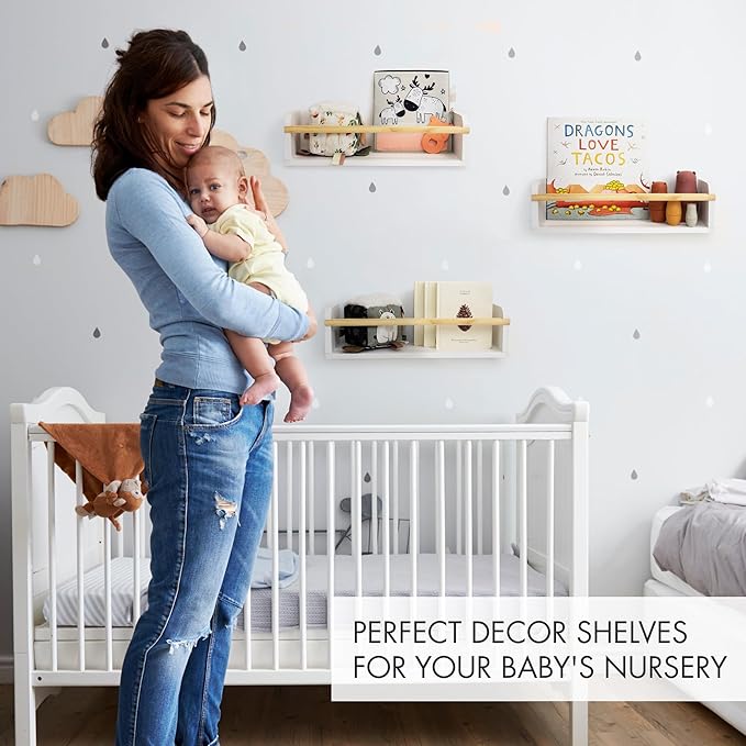 Decorative Nursery Bookshelves for Kids - Set of 3 Easy to Install Floating Shelves for Wall Mount - Beautiful Hanging Organizer Furniture for Your Baby Boy or Girl's Bedroom and Play Room Decor
