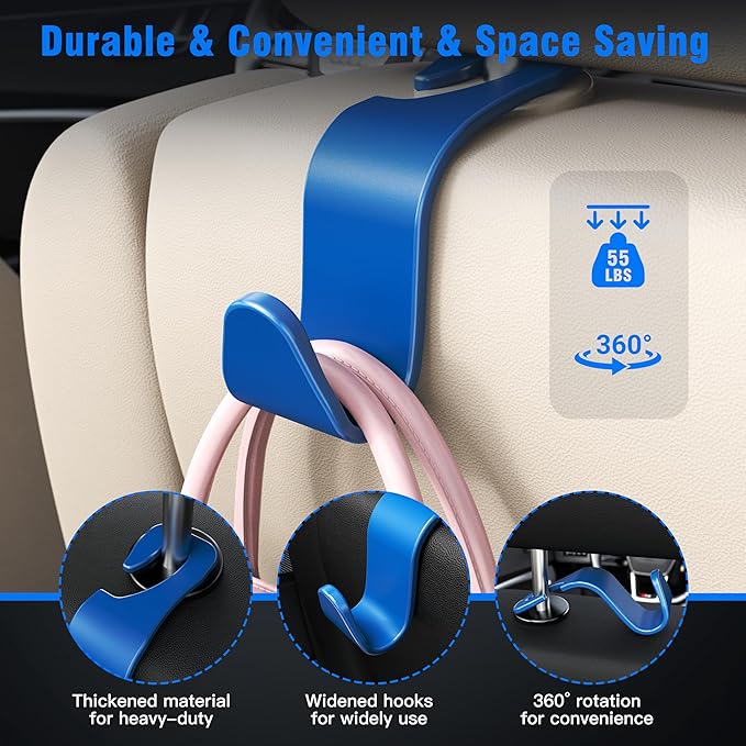 Amooca Car Seat Headrest Hook 4 Pack Hanger Universal Vehicle Car Storage Organizer for Handbag Purse Coat S Type Blue