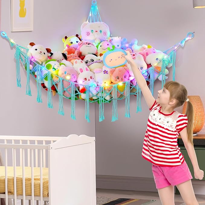 Basumee Stuffed Animals Net or Hammock with LED Light, Hanging Stuffed Animals Storage Toy Hammock Net Corner Wall Girls Room Decor Toy Storage Organizer, Light Aqua Green, XL