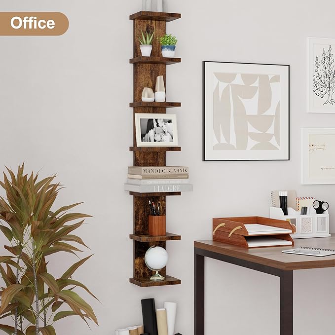 Fun Memories 7 Tier Wall Shelf Unit, Decorative Wall Mount Vertical Shelving, Floating Storage Home Decor Organizer Tall Tower Design Utility Shelving Bedroom Living Room