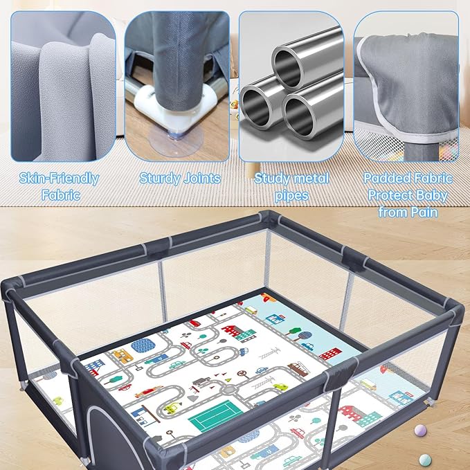 Baby Playpen with mat, Play Pen Playards, Playpen for Babies and Toddlers Play Pin Indoor Active Center Game Fence, 50x50 Inch, Grey