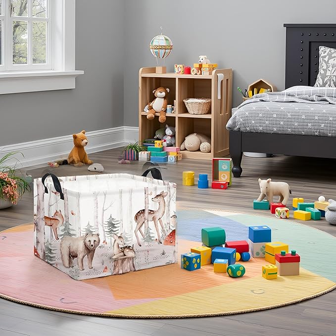TIBAOLOVER Rectangular Woodland Animal Basket Kids Baby Storage Basket Cute Storage Bin Organizer Shelf Book Woodland Room Decor(Woodland Animal)