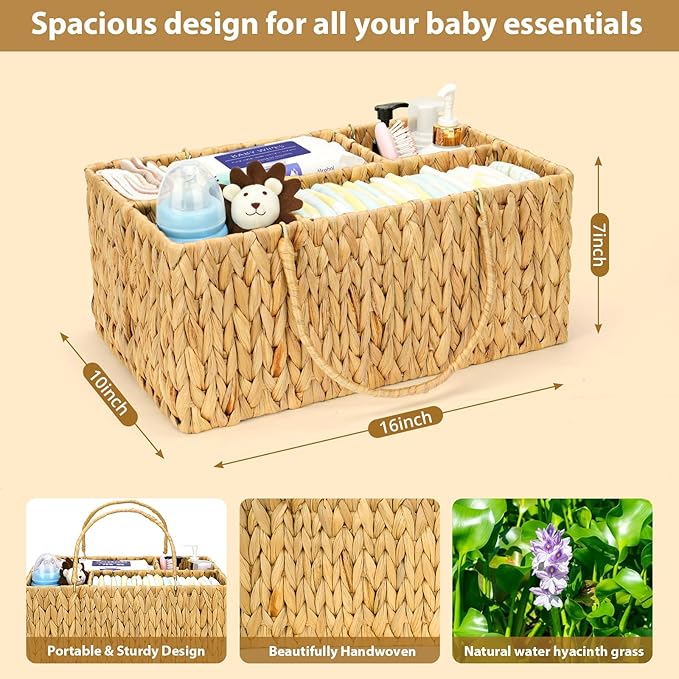 Large Baby Diaper Caddy Organizer, Handwoven Water Hyacinth Storage Basket, Portable Wicker Car Diaper Storage Bin for Nursery and Travel