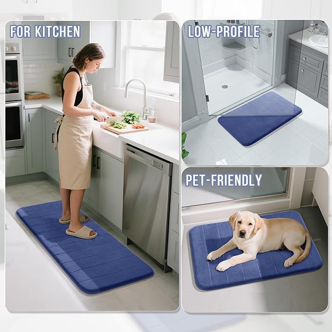 Yimobra Long Bath Mat 44"x24", Super Soft Quick Dry Memory Foam Bathroom Rug, Water Absorbent, Non Slip Backing Machine Washable for Tub Shower, Thick Comfort Support, Navy Blue