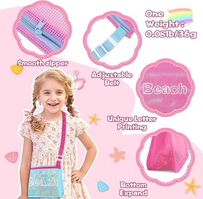 Iqimott 3Pcs Kids Letter Beach Shell Bag, Seashell Mesh Zipper Beach Pouch, Shell Collecting Bag for Holding Shells