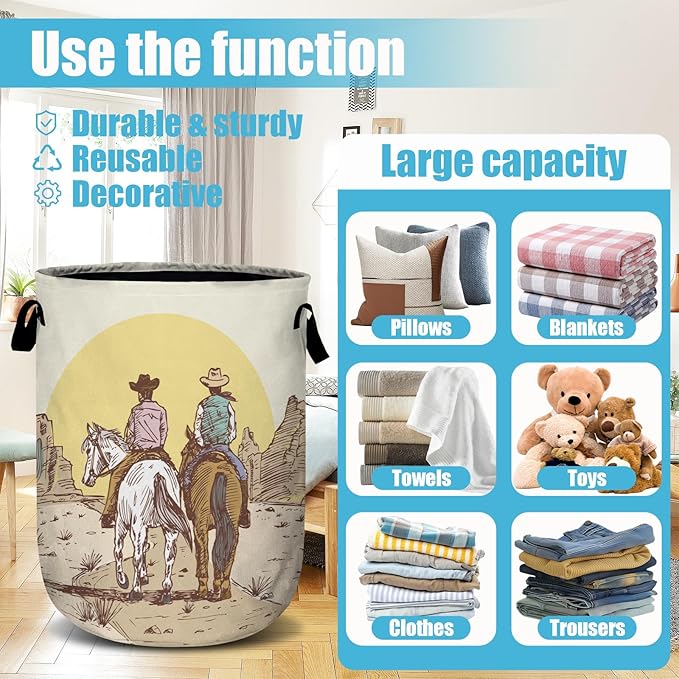Cowboys Riding Horses Laundry Basket, Laundry Hamper Collapsible Oxford Cloth with Handle Clothes Toy Storage Bin for Bathroom Laundry Room Bedroom 15.7 X 20 Inch