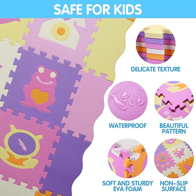 Tamiplay Foam Play Mat for Kids，25Pcs Square Interlocking Puzzle Floor Mat，Baby Play Mat Floor Mat Foam Puzzle Playmat for Toddlers with Fence - 9 Different Animal