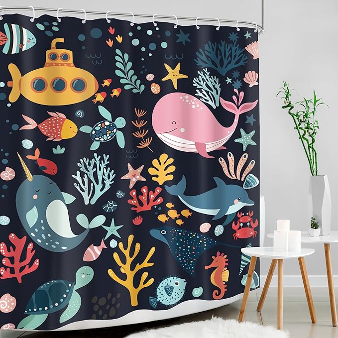 Kids Shower Curtain Ocean Whale Cute Cartoon Funny Sea Animal Fish Bathroom Decor Underwater Coastal Submarine Nursery Baby Boys Girls Black 60Wx72H Bath Curtain Fabric Polyester 12 Pack Hooks