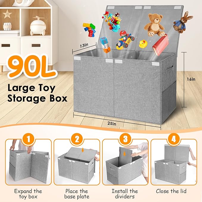 Fineonly Large Toy Storage Box with Lid Upgraded Toy Chest Organizer with Removable PP Divider Foldable Toy Bin for Kids Boys Girls Linen Fabric Toy Box for Playroom Nursery Bedroom (25"x13"x16")