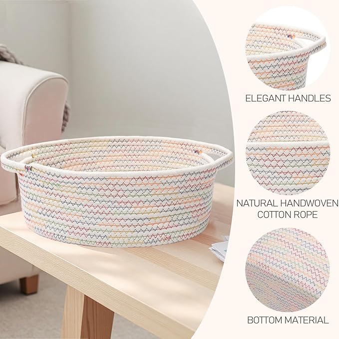 JMvicyroam Woven Basket,Small Rope Storage Bin with Handles & Ribbon Bag, Organizer for Shelves Closets,Gift Basket Empty for Birthday,Books,Dog Toys, Colorful/3 Pack