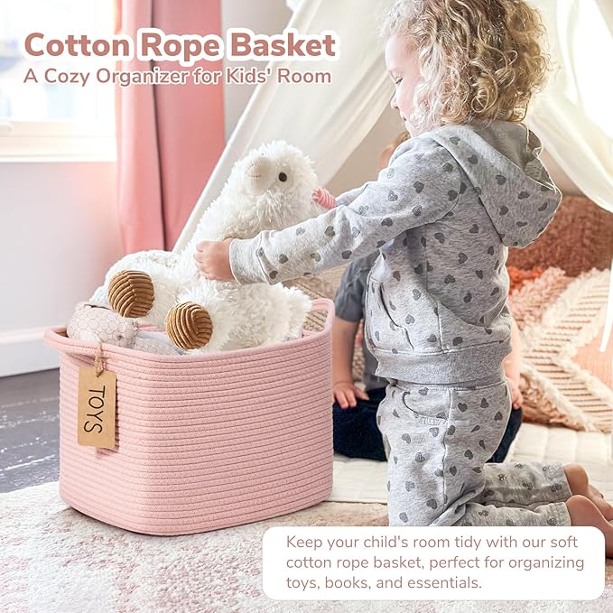 Goodpick Woven Storage Basket for Shelves, Small Baskets for Organizing, Rectangle Baby Nursery basket, Towel Baskets for Bathroom, Living Room, 13 x 10 x 9 Inches, Light Pink