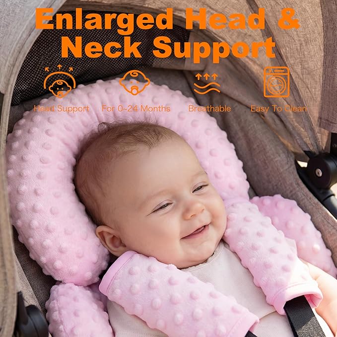 Pro Goleem Infant Car Seat Head Neck Body Support, Ultra-Soft Minky and Microfiber Newborn Car Seat Insert, Perfect for Car Seat, Stroller, 2-in-1 Reversible, Girls, Pink