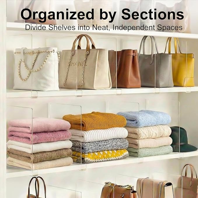 Purse Organizer for Closet Shelf Dividers: 11-inch Tall(Higher Version) Adjustable Clear Acrylic Bag Storage Organizer for Handbags, Sweaters, Towels, Jeans and Shoes on Wood Shelves 6-Pack