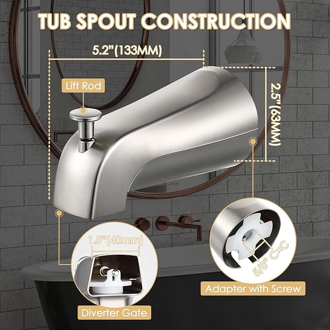Enhon Slip on Tub Spout with Diverter, Compatible with American Standard 8888026.002 Tub Spout, Bathroom Bathtub Faucet, Fits 1/2 Copper Water Tube(5/8 Dia), 5/32 Hex Wrench(Brushed Nickel,2)