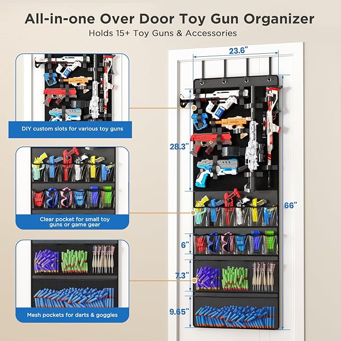 Mefirt Over The Door Organizer for Toy Guns, Toys Storage Door Hanger with Pockets and Slots for Kids Foam Blasters, Darts, Goggles, Over Door Toys Storage Organizer, for Kids Rooms, Game Rooms, Gray