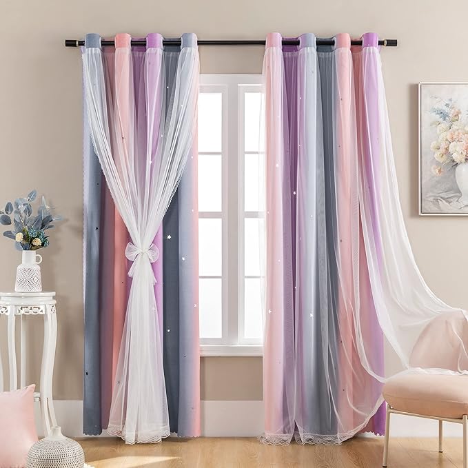 XiDi Curtains for Bedroom Decor, Rainbow GreyPinkPu-52-96
